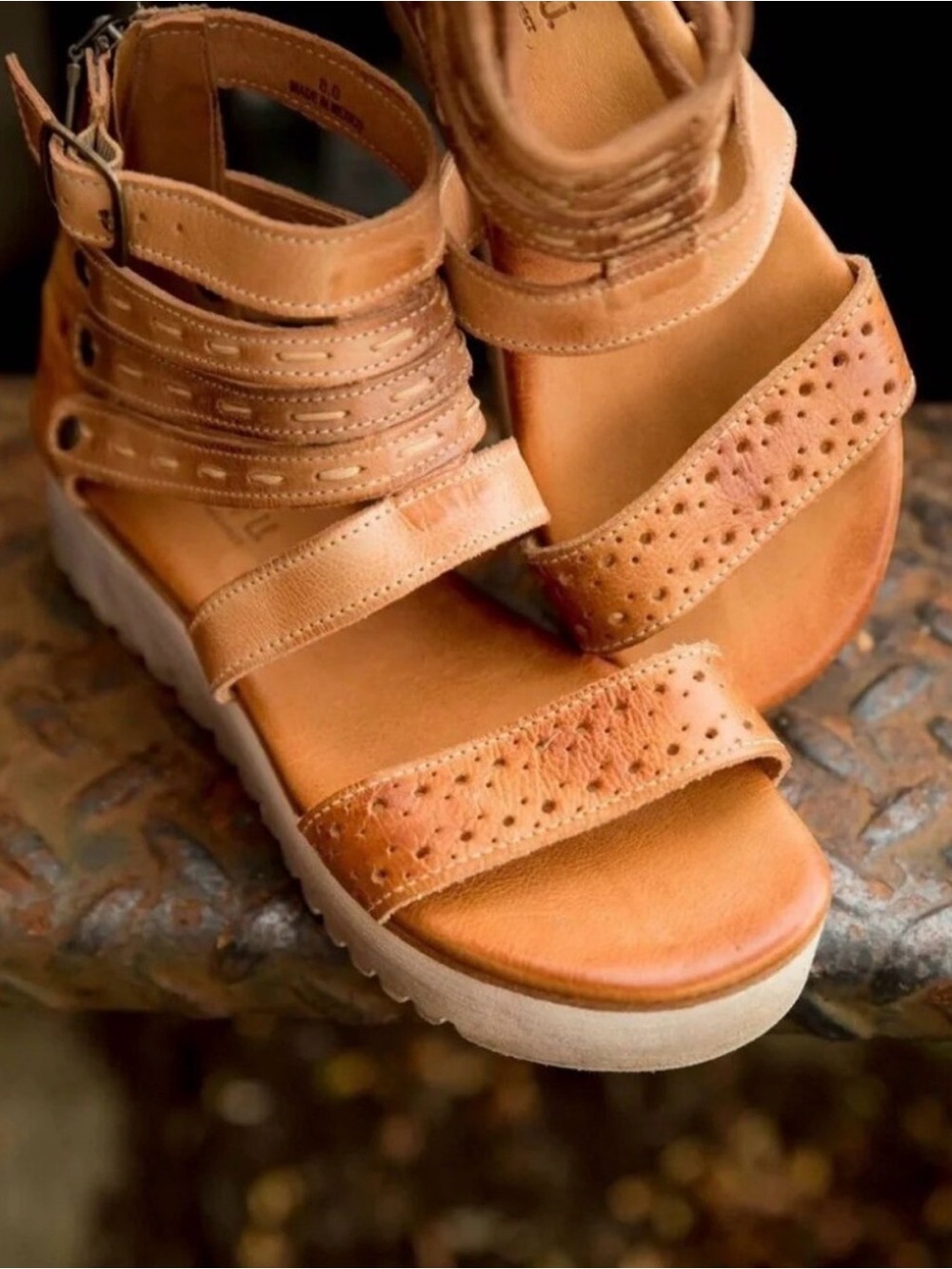 Women’s Bedstu Bed Stu Tan Leather Strappy Wedge Sandal platform 9